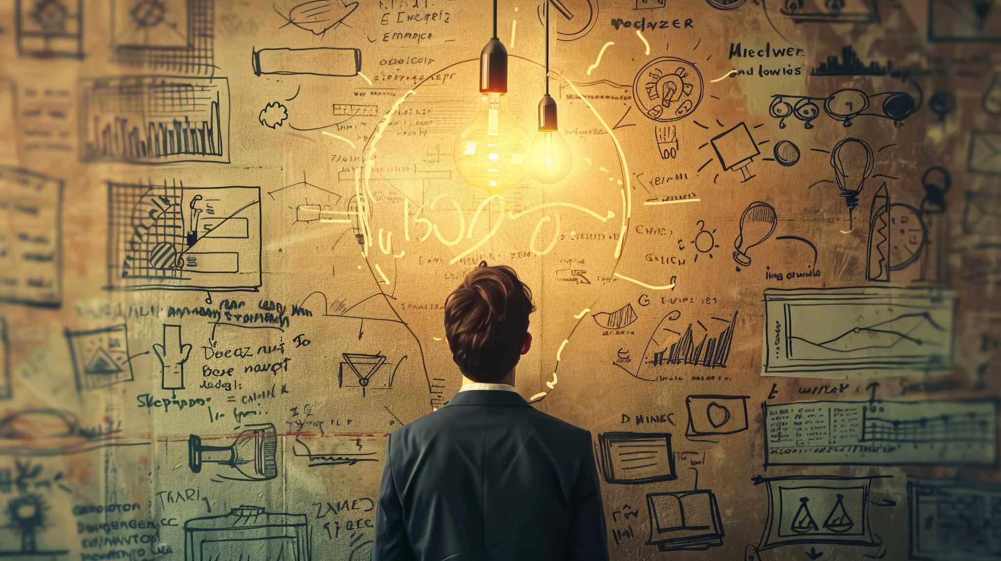 En person i dress sett bakfra som ser på en vegg fylt med komplekse skisser, formler og tekniske diagrammer. To lyspærer henger ned foran veggen og symboliserer idéutvikling.