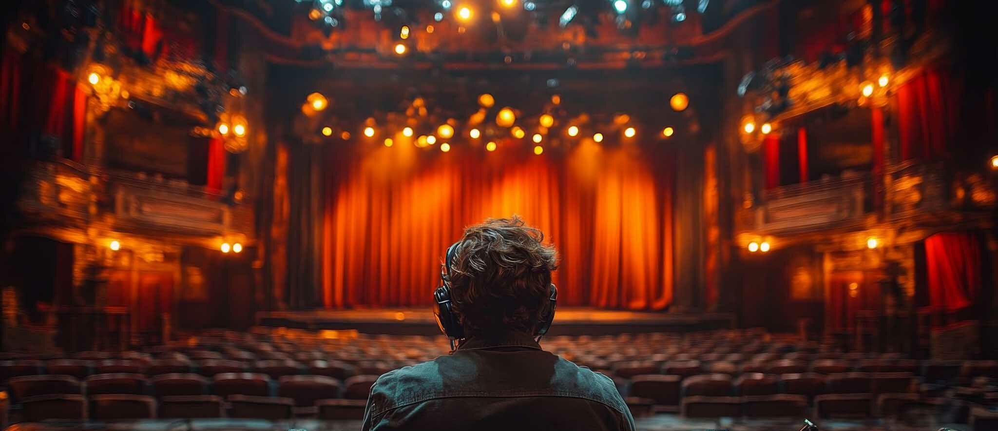 Utsikten fra kontrollposisjonen bak i en teatersal. En person med hodetelefoner ser mot scenen, som er opplyst av et varmt, oransje lys med flere spotlights hengende i riggen.
